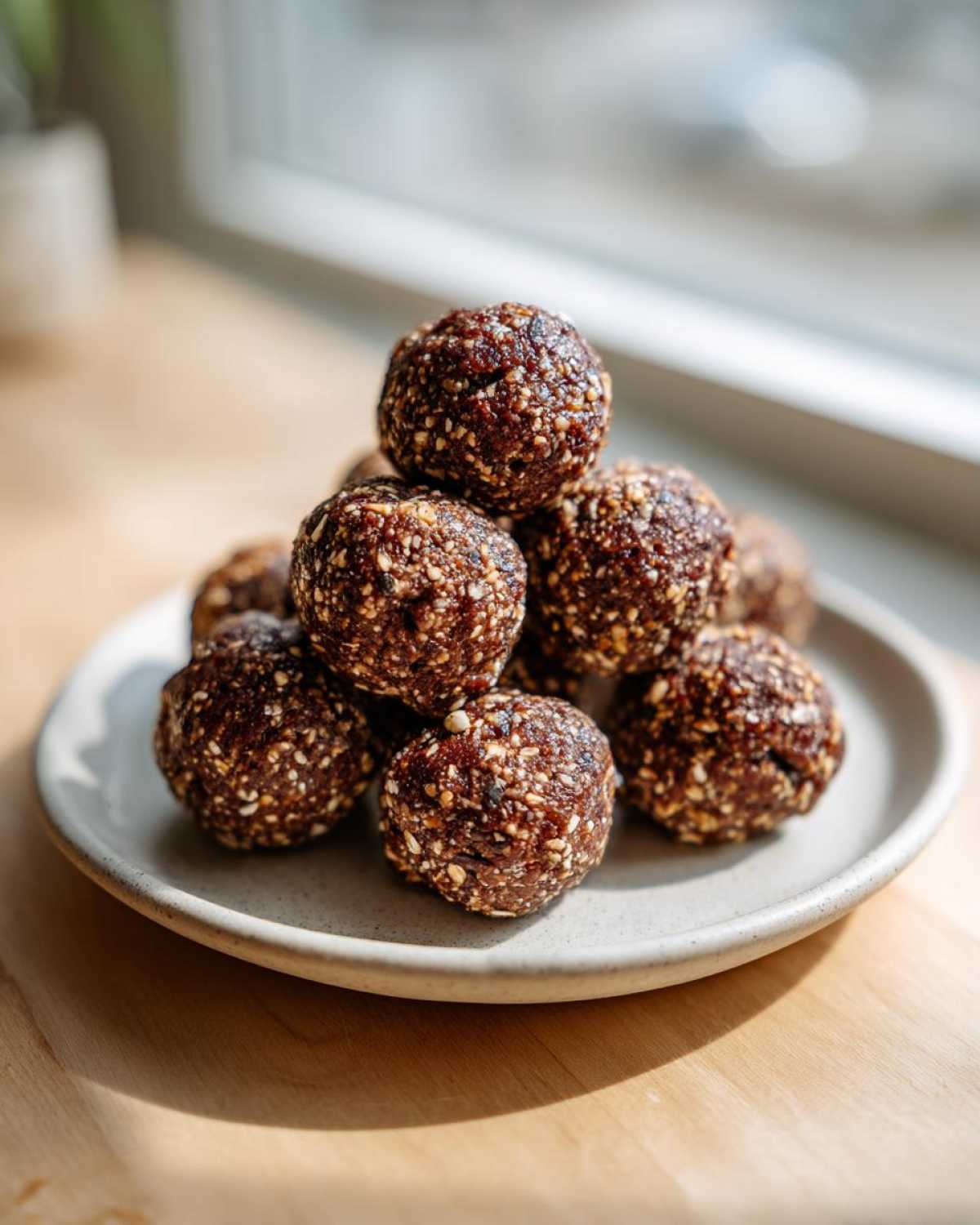 A pyramid stack of dark, textured protein balls resting on a small, light gray plate near a bright window.