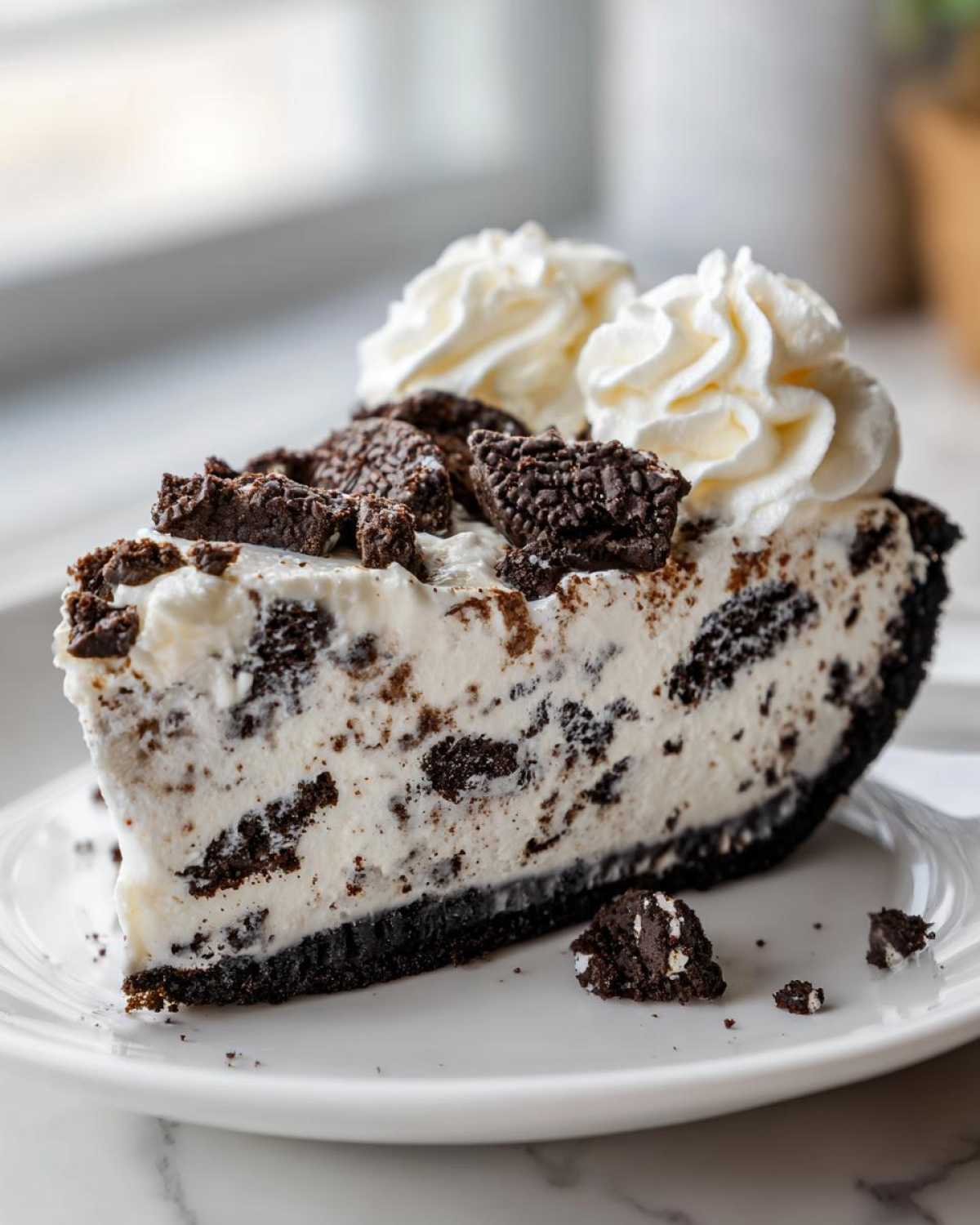 A close-up of a decadent slice of cookies and cream ice cream pie on a white plate, topped with whipped cream and cookie crumbles.