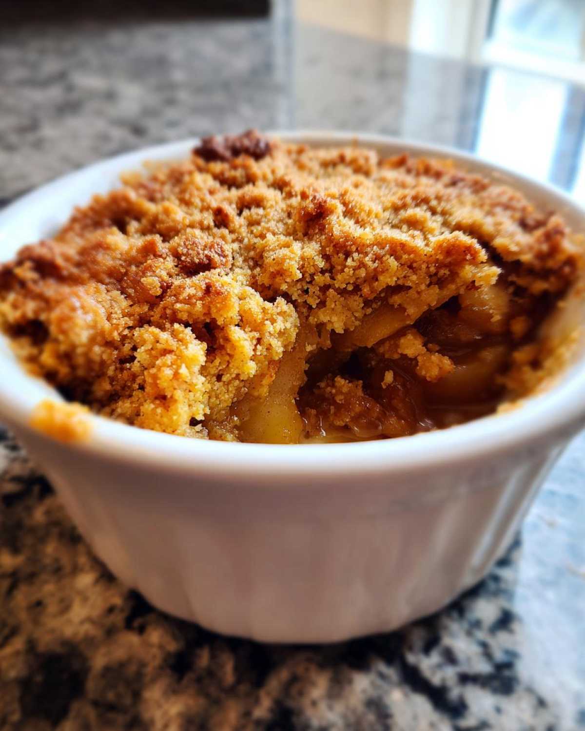 A close-up of a warm, golden-brown individual apple crumble served in a white ramekin, showing the crunchy topping.