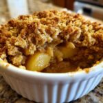 A close-up view of a single-serving apple crumble baked in a white ramekin, showing golden topping and soft cooked apples.