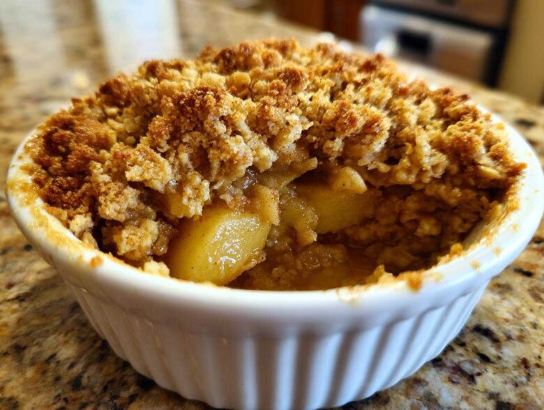 A close-up view of a single-serving apple crumble baked in a white ramekin, showing golden topping and soft cooked apples.