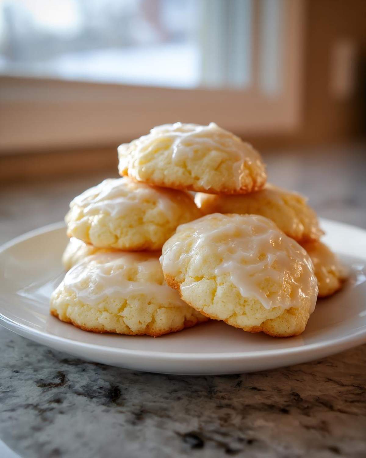 A stack of soft, pale yellow italian ricotta cookies topped with a sweet white glaze, resting on a white plate.