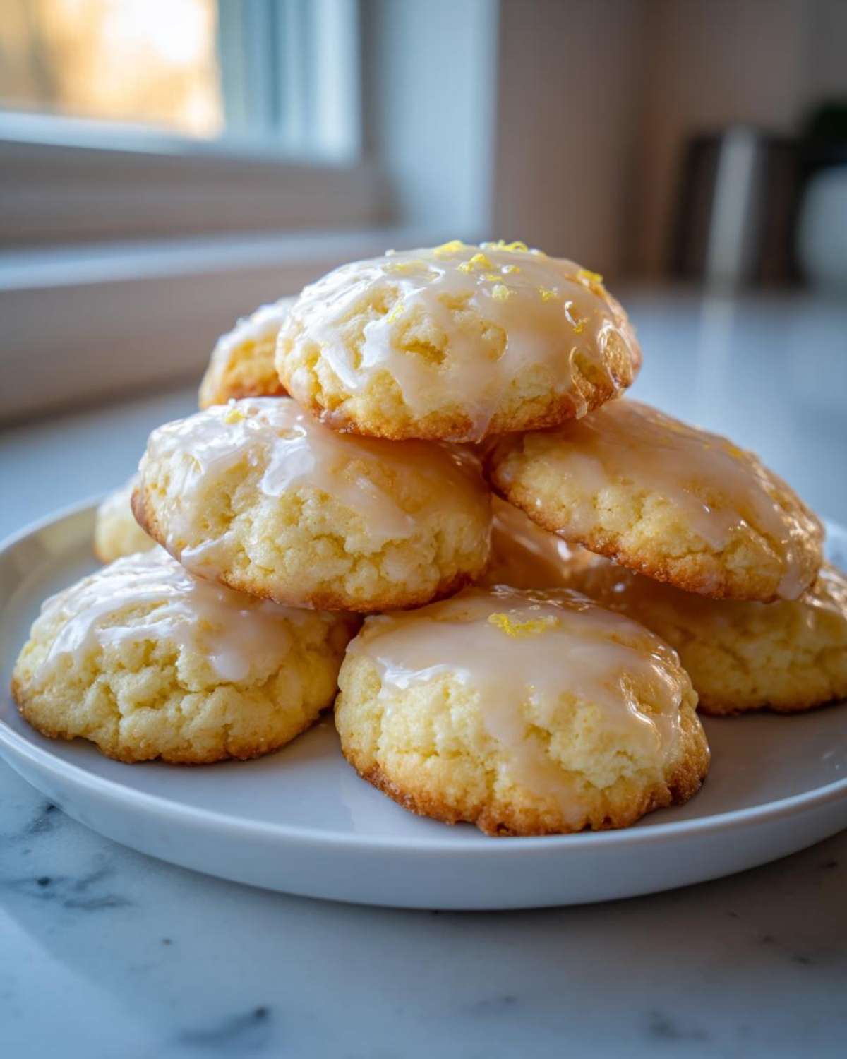 A stack of soft italian ricotta cookies topped with a bright lemon glaze and zest.
