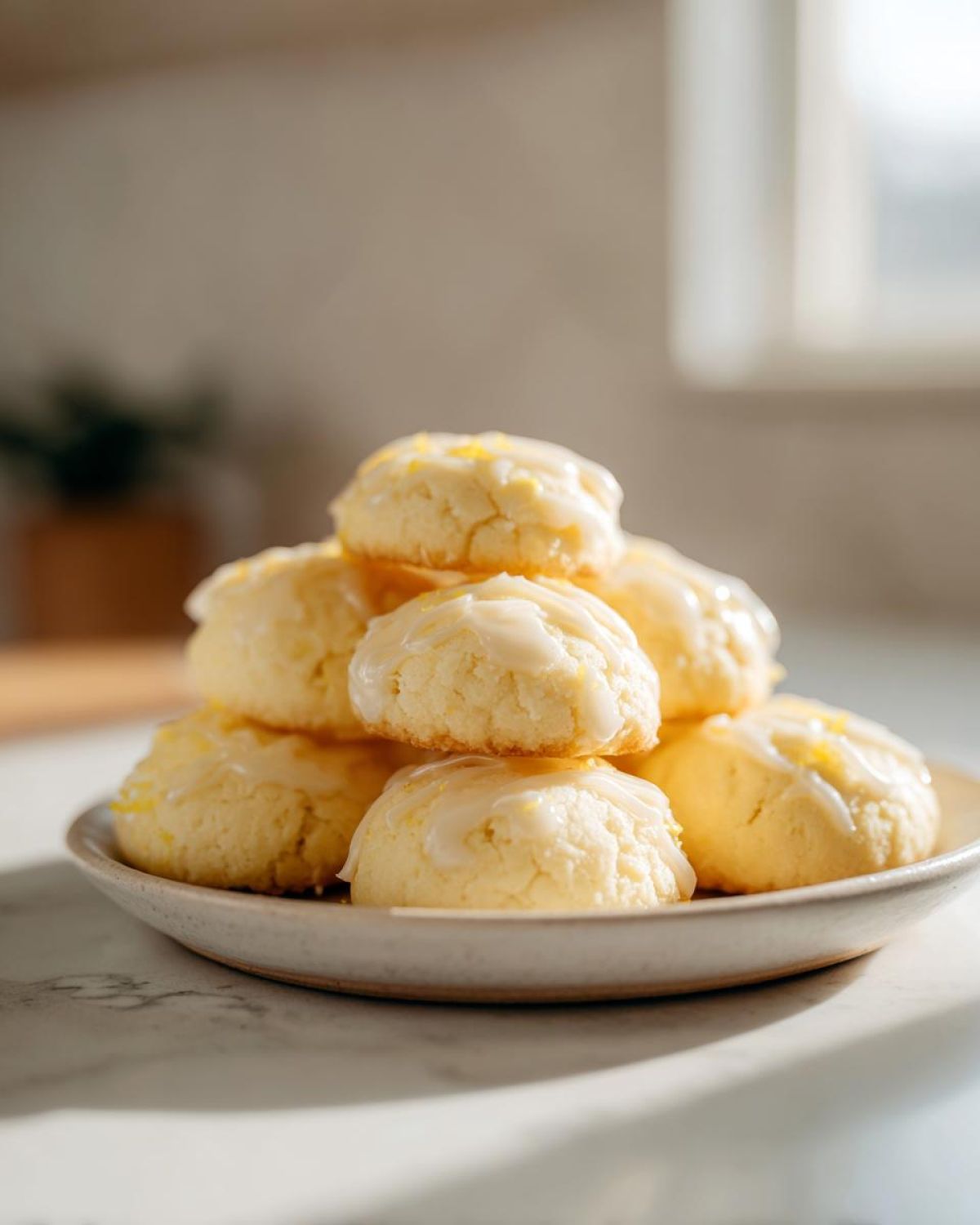 A stack of soft italian ricotta cookies topped with a bright lemon glaze and zest on a small ceramic plate.