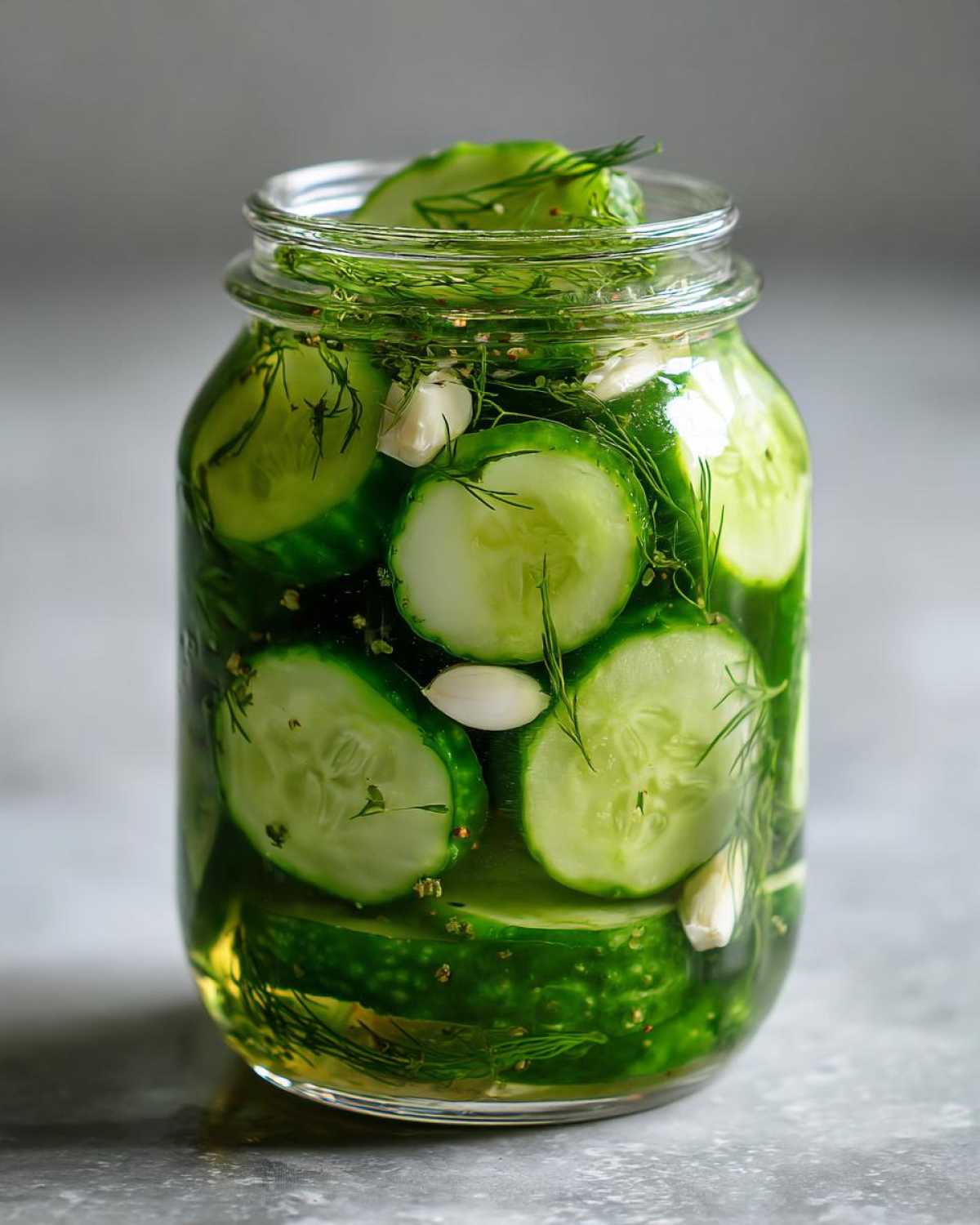 Close-up of sliced cucumbers, dill, and garlic cloves in a glass jar making refrigerator pickles.