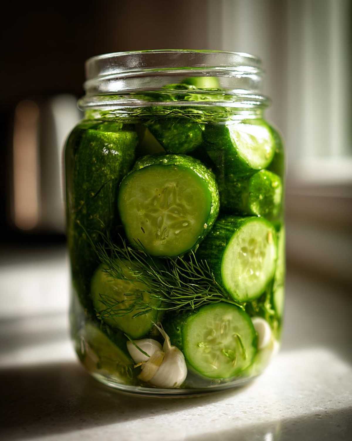 Close-up of a glass jar filled with sliced cucumbers, fresh dill sprigs, and garlic cloves for making refrigerator pickles.