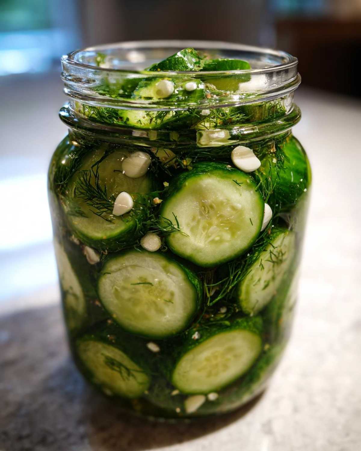 Close-up of sliced cucumbers, dill, and garlic cloves packed tightly in a jar for refrigerator pickles.