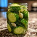 A glass jar filled with sliced cucumbers, fresh dill, and garlic cloves for making refrigerator pickles.
