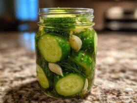 A glass jar filled with sliced cucumbers, fresh dill, and garlic cloves for making refrigerator pickles.