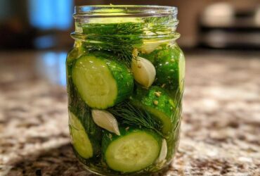 A glass jar filled with sliced cucumbers, fresh dill, and garlic cloves for making refrigerator pickles.