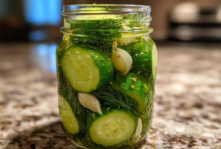 A glass jar filled with sliced cucumbers, fresh dill, and garlic cloves for making refrigerator pickles.