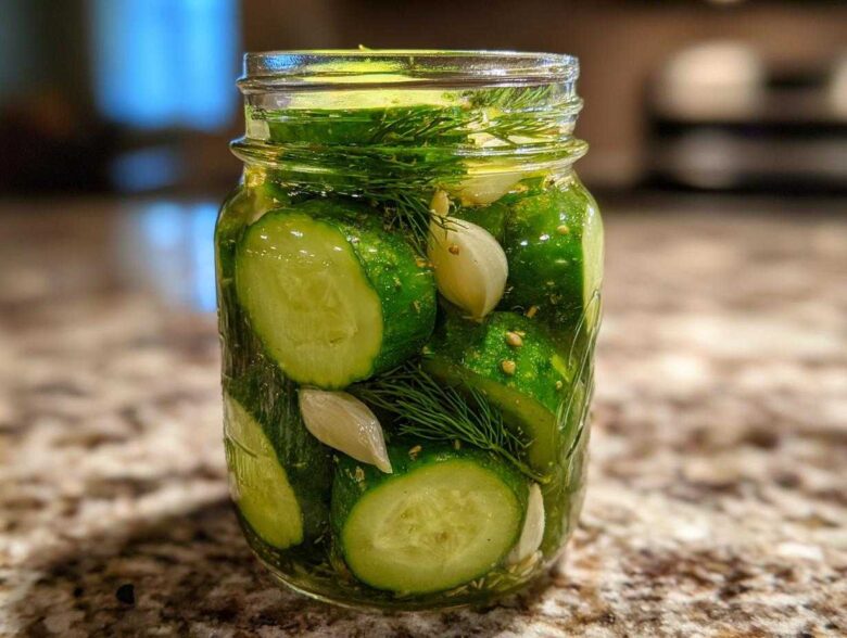 A glass jar filled with sliced cucumbers, fresh dill, and garlic cloves for making refrigerator pickles.