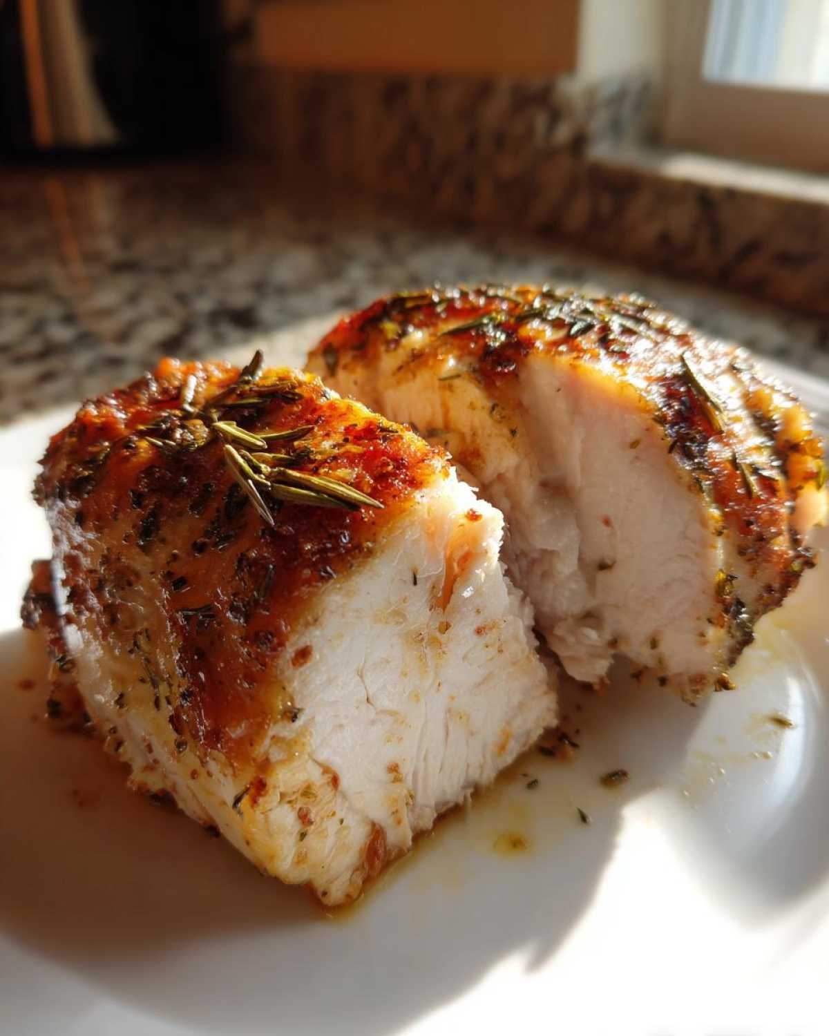 Cross-section view of perfectly cooked baked chicken breast, showing juicy white meat and a seasoned, herb-crusted exterior.