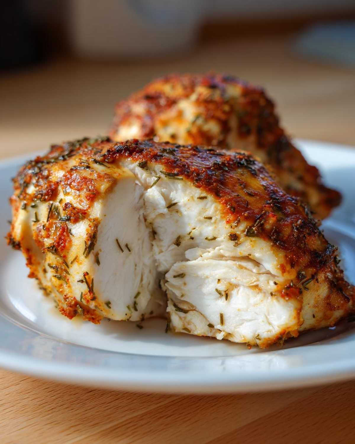 Close-up of a juicy baked chicken breast, cut open to show the white, moist interior and seasoned crust.