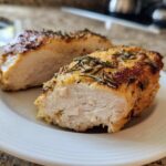Close-up of a perfectly cooked baked chicken breast, sliced to show juicy white meat and a golden, herb-crusted exterior.