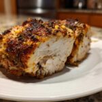 Close-up of a perfectly cooked baked chicken breast, sliced to show the juicy white interior and seasoned, browned exterior.