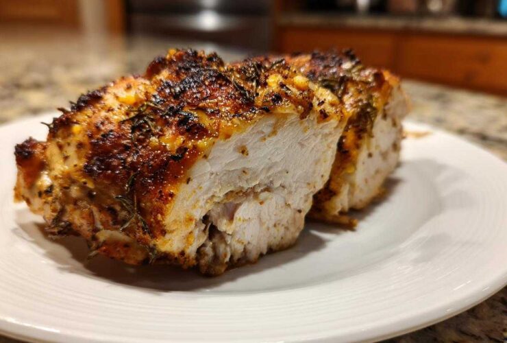 Close-up of a perfectly cooked baked chicken breast, sliced to show the juicy white interior and seasoned, browned exterior.