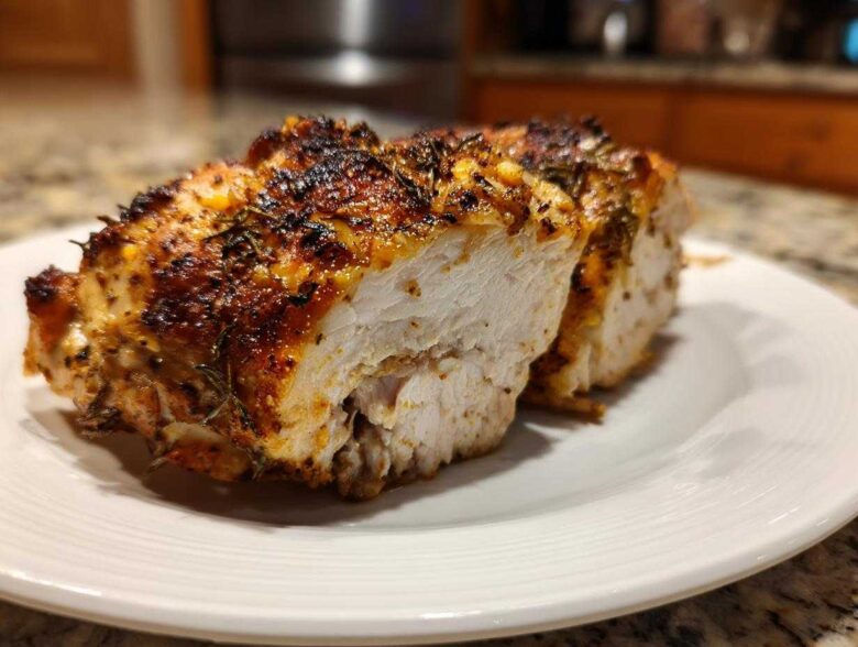 Close-up of a perfectly cooked baked chicken breast, sliced to show the juicy white interior and seasoned, browned exterior.