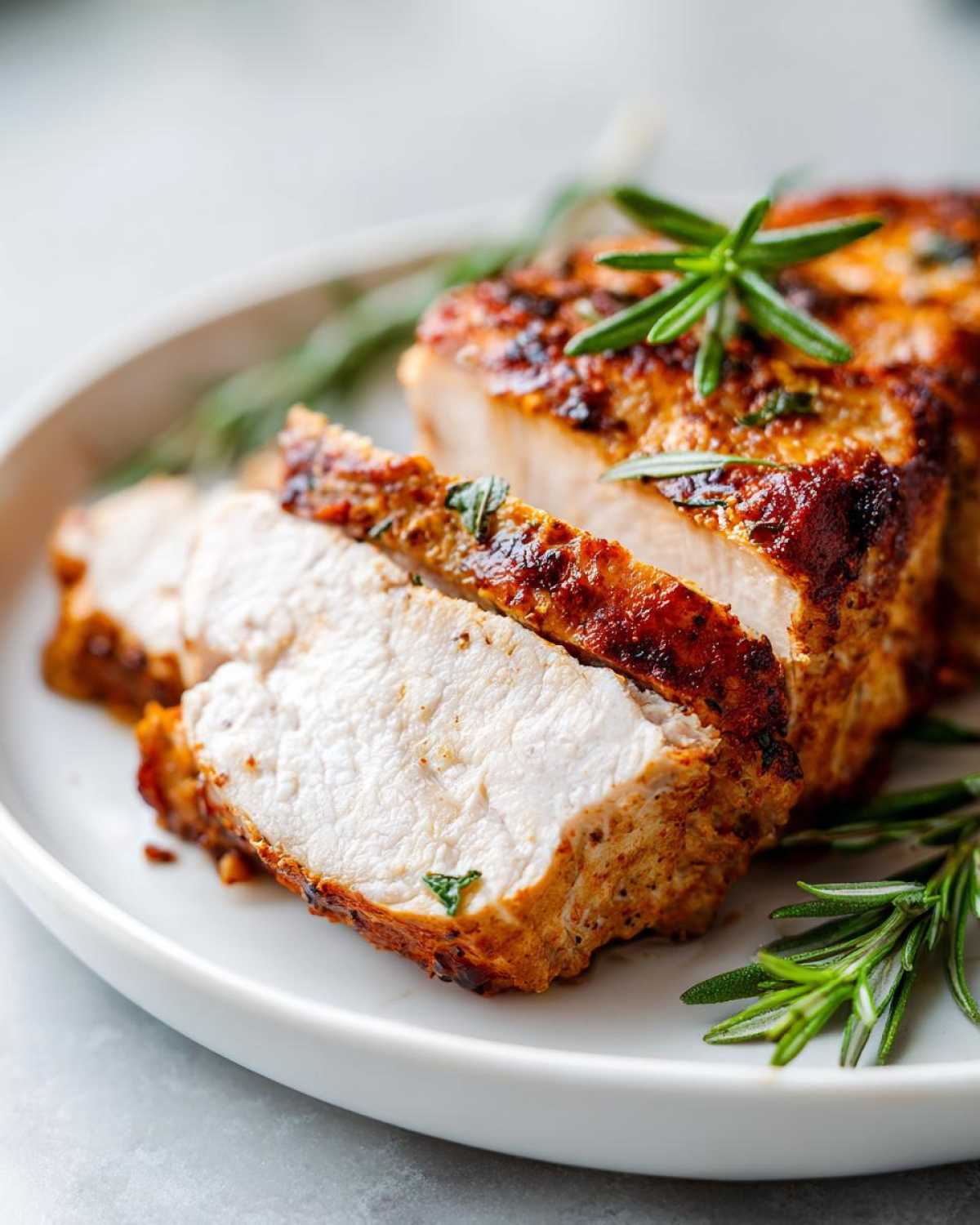 Close-up of perfectly cooked and sliced baked chicken breast seasoned with herbs and garnished with fresh rosemary.