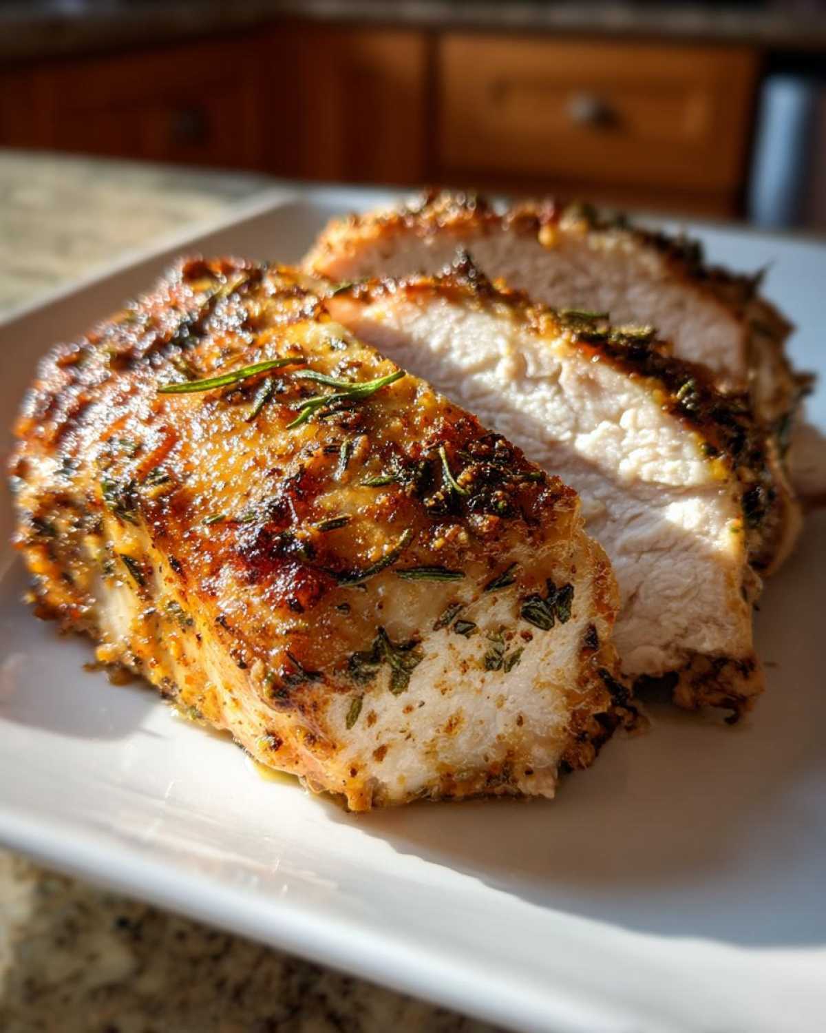 Three thick slices of juicy baked chicken breast, seasoned with herbs, resting on a white plate.
