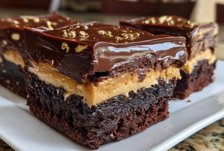 Three rich, layered buckeye brownies featuring a dark chocolate base, peanut butter filling, and glossy chocolate topping with gold sprinkles.