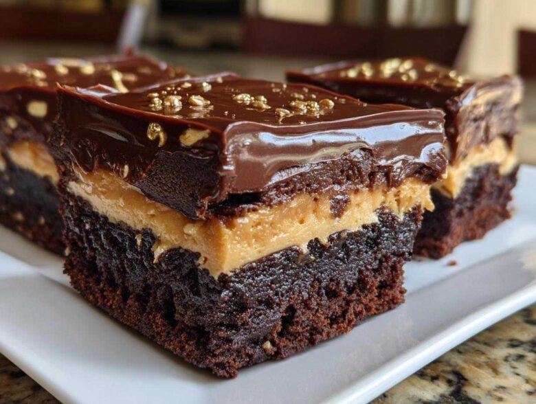 Three rich, layered buckeye brownies featuring a dark chocolate base, peanut butter filling, and glossy chocolate topping with gold sprinkles.