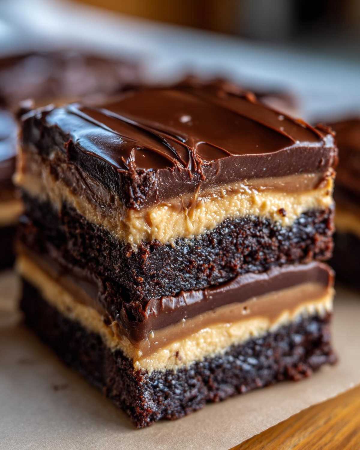 A decadent square of buckeye brownies showing four distinct layers: chocolate base, peanut butter filling, chocolate ganache, and a final chocolate topping.