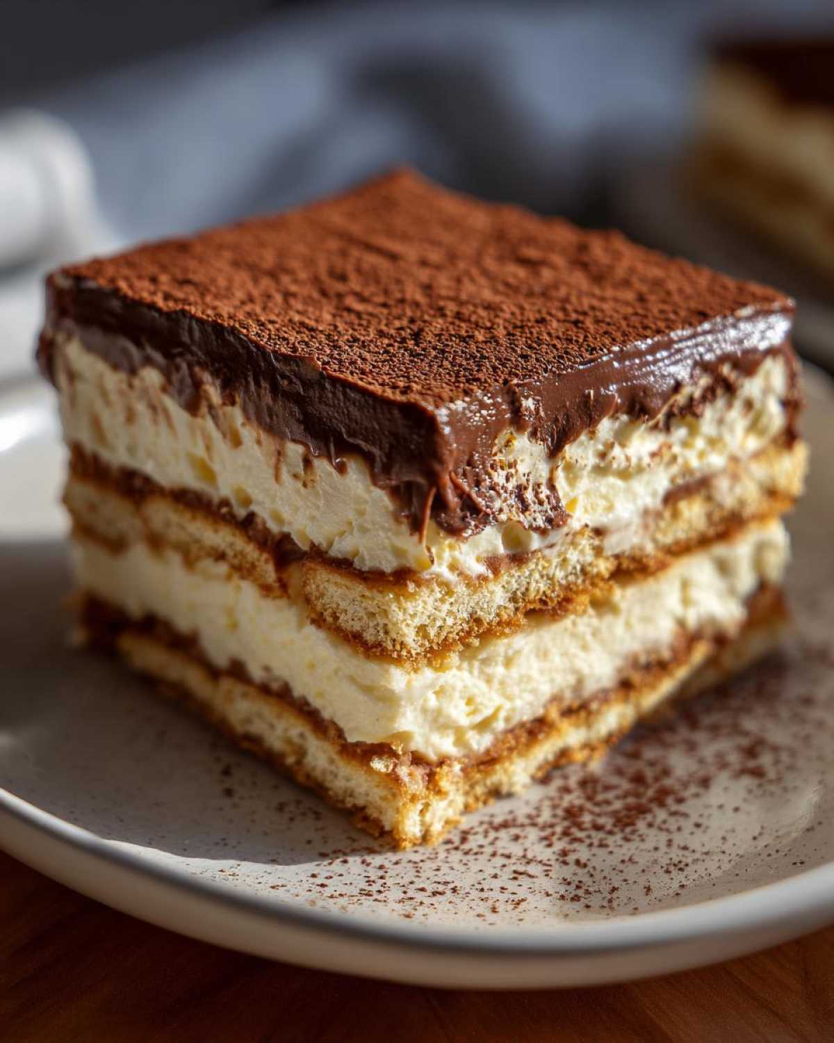 A square slice of layered eclair cake with cream filling and chocolate topping dusted with cocoa.