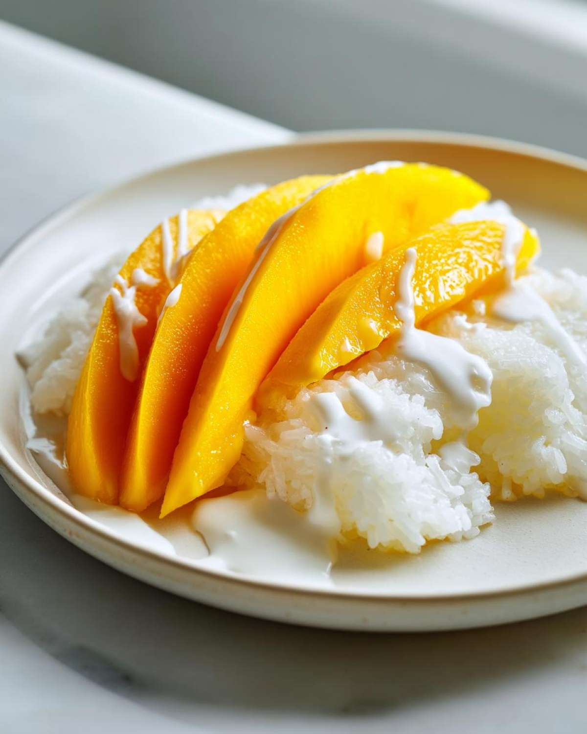 Close-up of vibrant yellow mango slices served over sweet sticky rice, drizzled with coconut cream for mango sticky rice.
