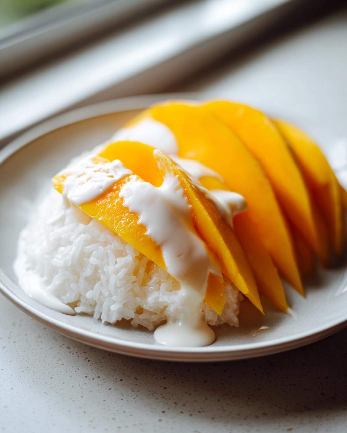 Close-up of delicious mango sticky rice topped with sweet coconut cream sauce.