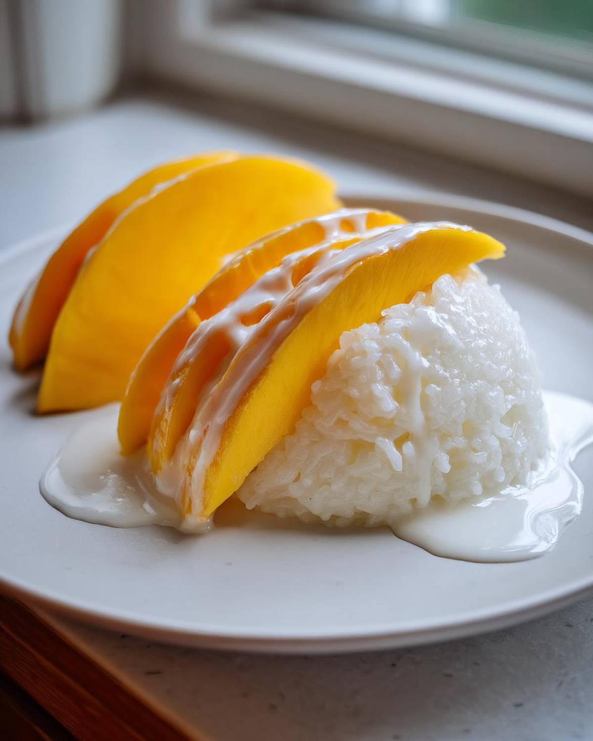 A serving of mango sticky rice featuring bright yellow mango slices over sticky rice, drizzled with sweet coconut cream.