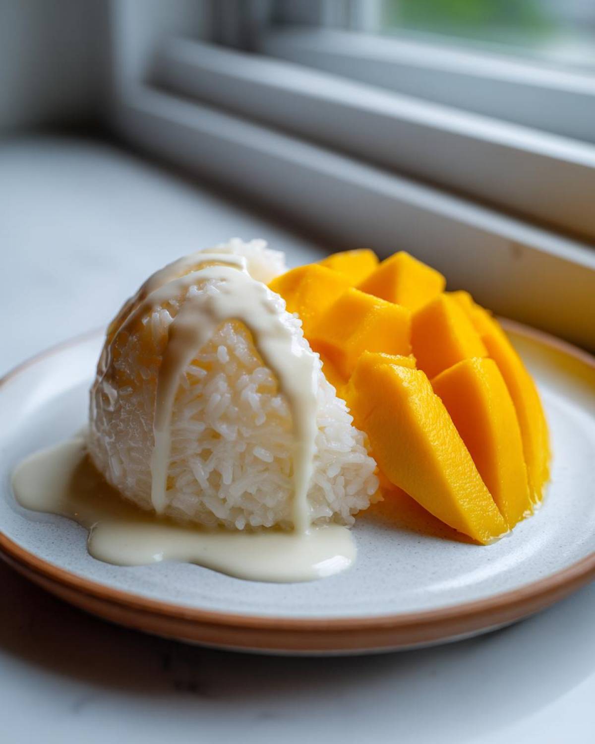 A serving of mango sticky rice featuring sweet rice topped with coconut cream next to sliced ripe mango.