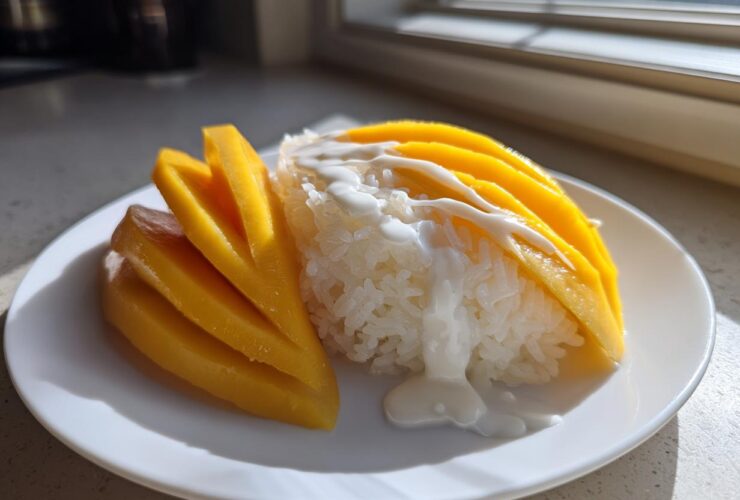 A serving of vibrant mango sticky rice, featuring sliced yellow mango and sticky rice drizzled with coconut cream.