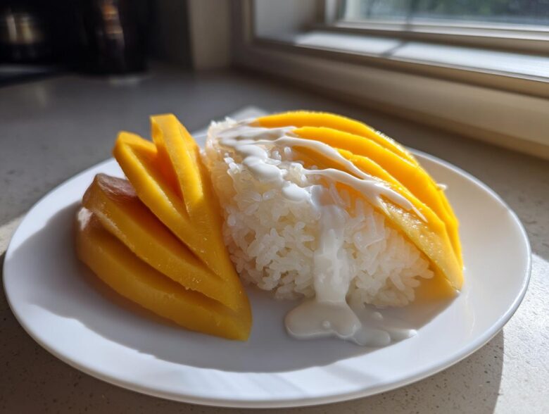 A serving of vibrant mango sticky rice, featuring sliced yellow mango and sticky rice drizzled with coconut cream.