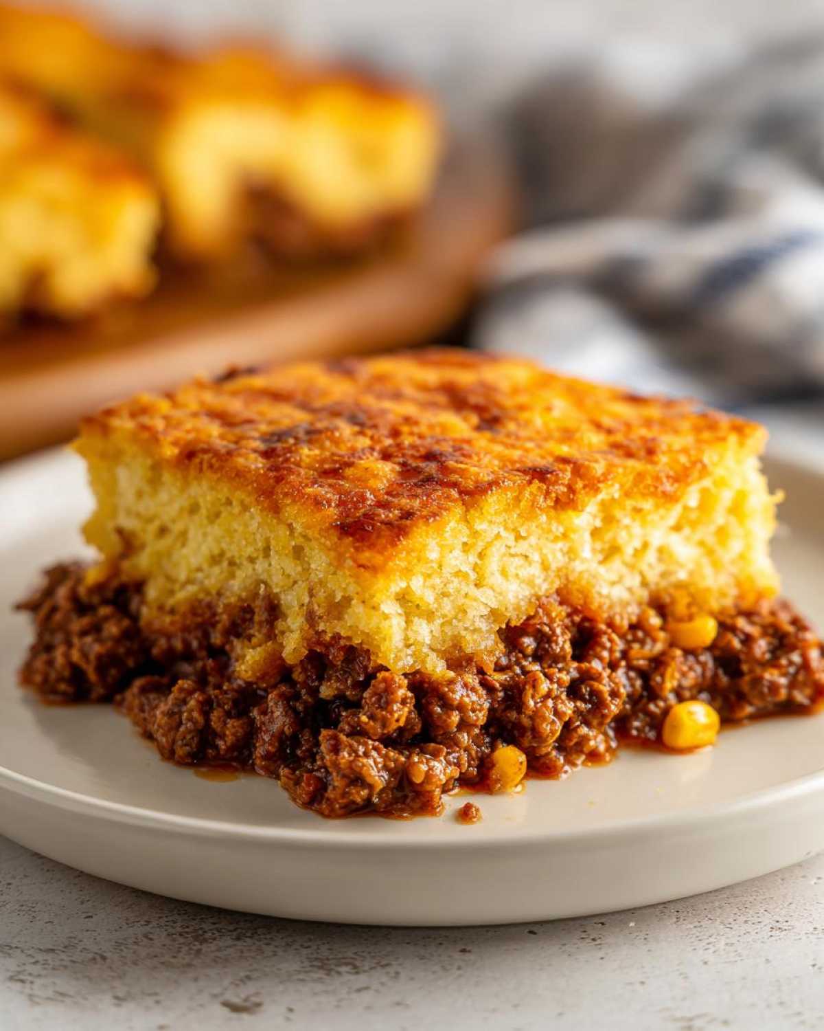A close-up of a square serving of Mexican cornbread casserole, featuring a golden, baked top layer over a rich, meaty chili base.