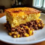 A hearty serving of mexican cornbread casserole featuring a thick slice of golden cornbread atop seasoned ground beef and corn.