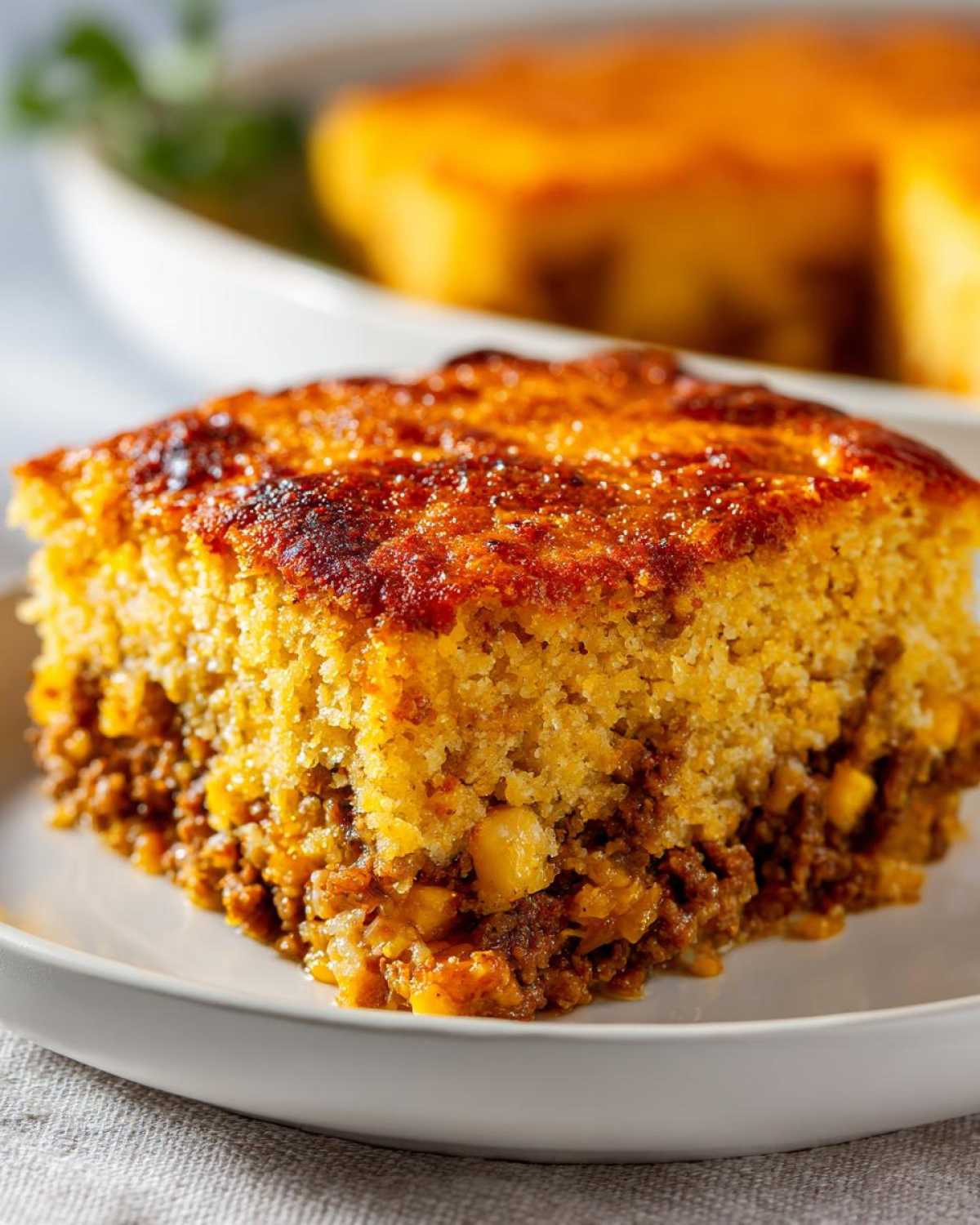 Close-up of a square slice of mexican cornbread casserole showing a savory meat and corn filling below a golden, browned cornbread topping.
