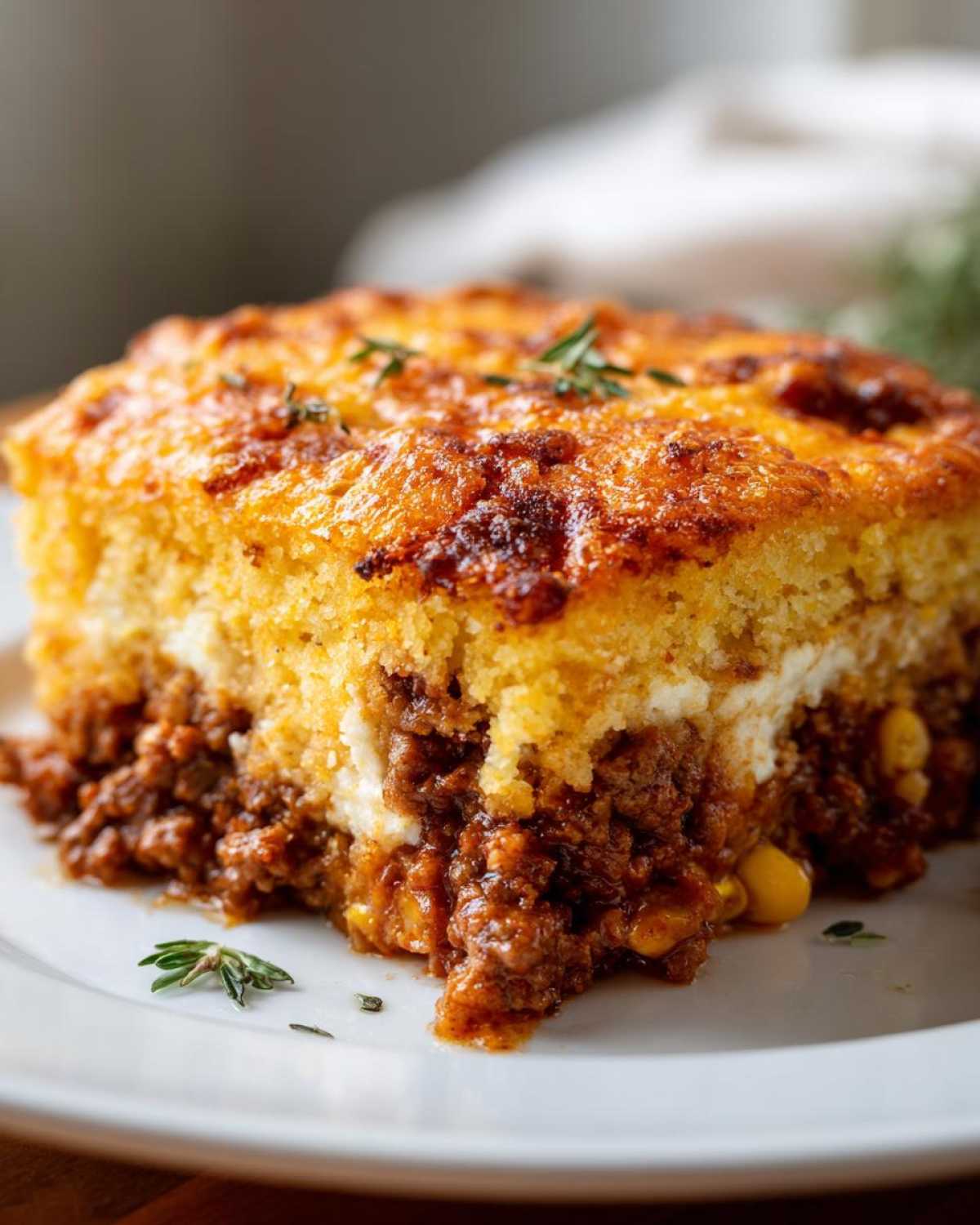 A close-up slice of Mexican cornbread casserole showing a savory ground meat filling under a golden, cheesy cornbread topping.