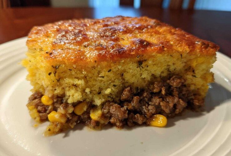 A thick slice of Mexican cornbread casserole showing a golden, baked top layer over a savory ground beef and corn filling.