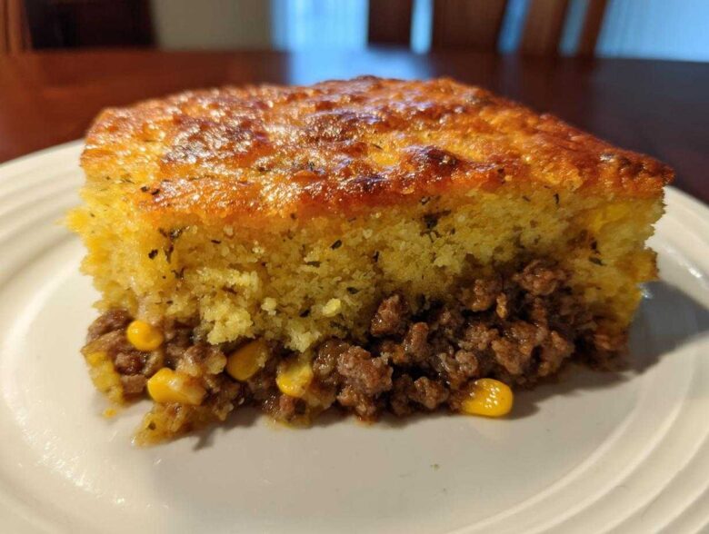 A thick slice of Mexican cornbread casserole showing a golden, baked top layer over a savory ground beef and corn filling.