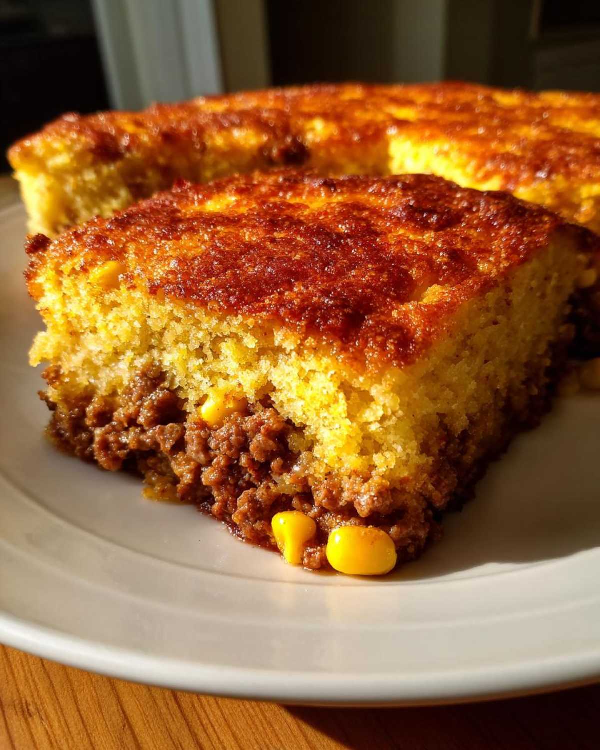 A close-up slice of moist mexican cornbread casserole showing a layer of seasoned ground meat and corn kernels.