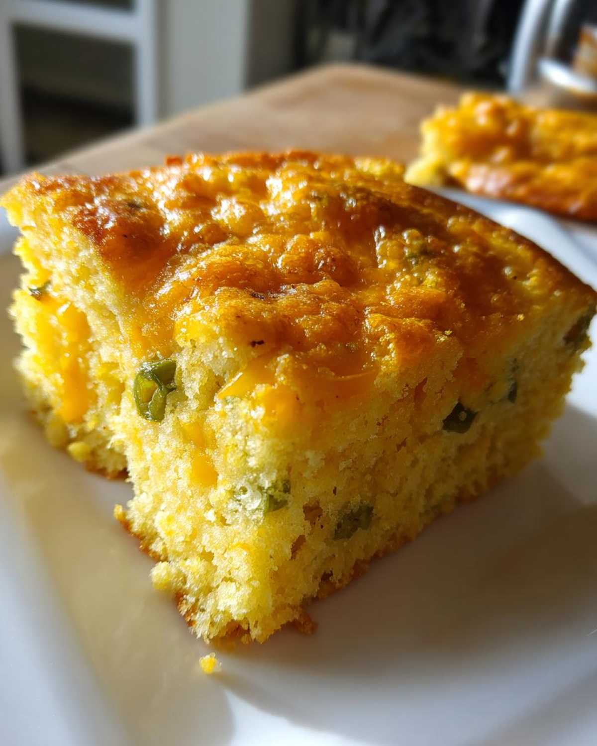 Close-up of a moist, golden slice of Mexican cornbread studded with green peppers and topped with melted cheese.