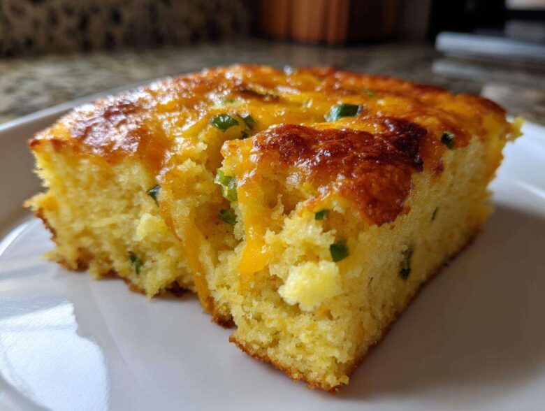 Close-up of a moist slice of Mexican cornbread topped with melted cheddar cheese and green jalapeño pieces.