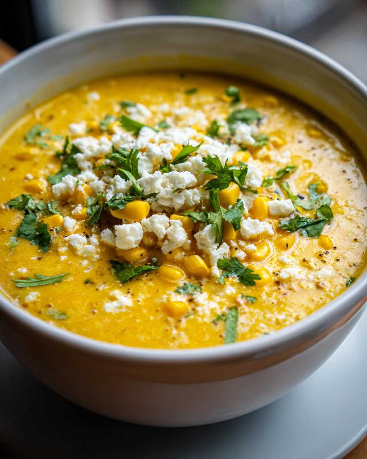 Close-up of a bowl of vibrant yellow mexican street corn soup topped with crumbled white cheese and fresh cilantro.