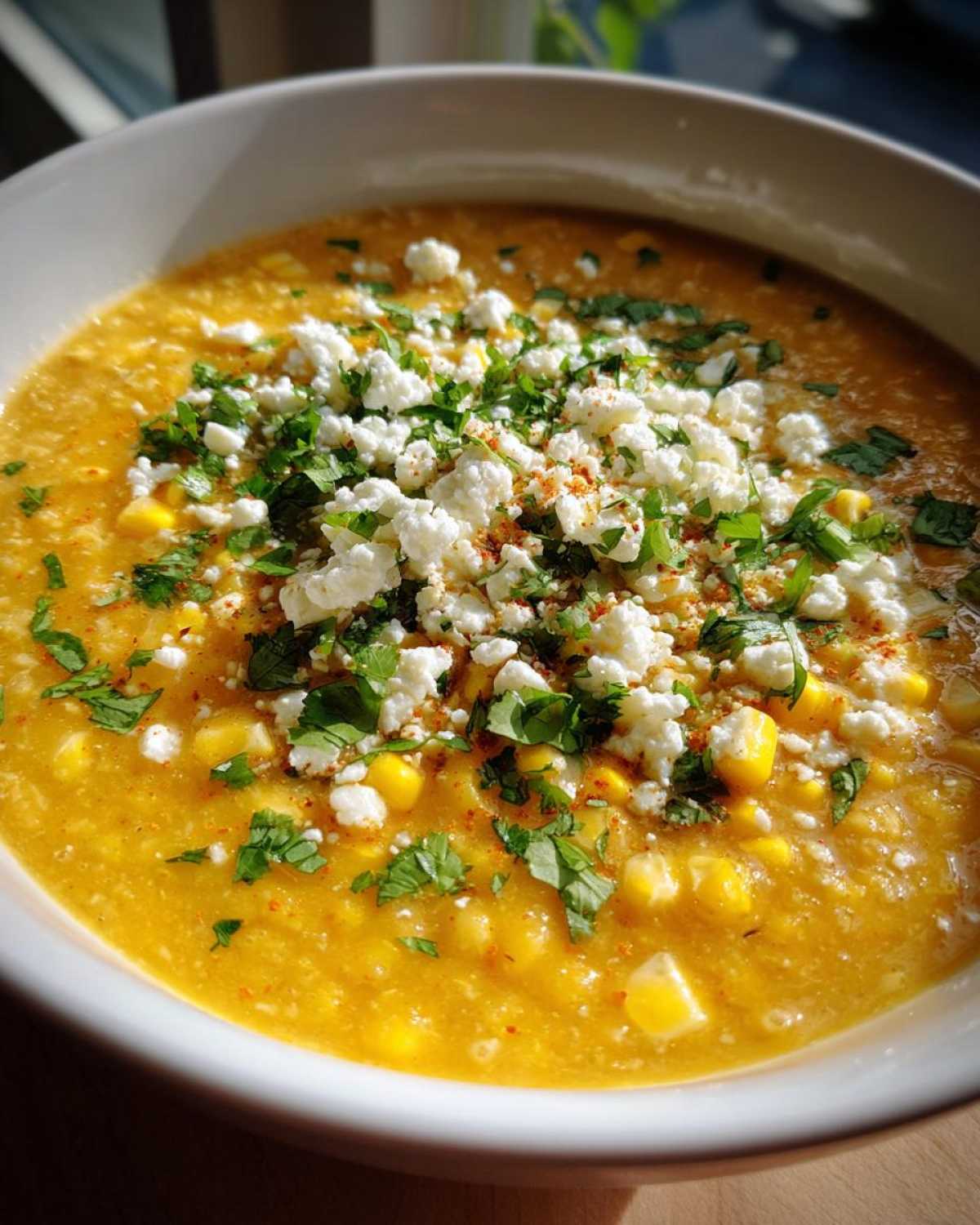 A close-up bowl of vibrant yellow mexican street corn soup, generously topped with crumbled white cheese and fresh cilantro.