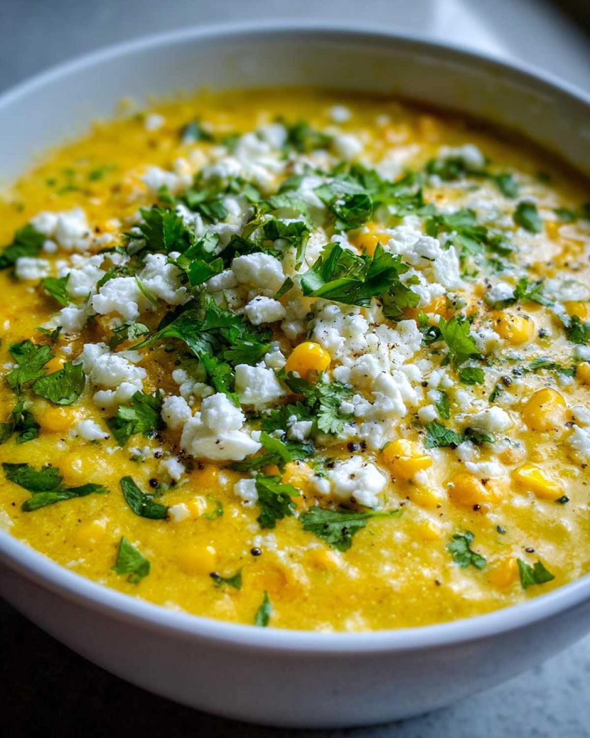 Close-up of a bowl of rich, yellow mexican street corn soup topped with crumbled white cheese and fresh cilantro.