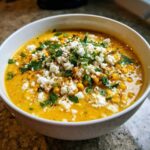Close-up of a bowl of creamy, yellow mexican street corn soup topped with cotija cheese and cilantro.