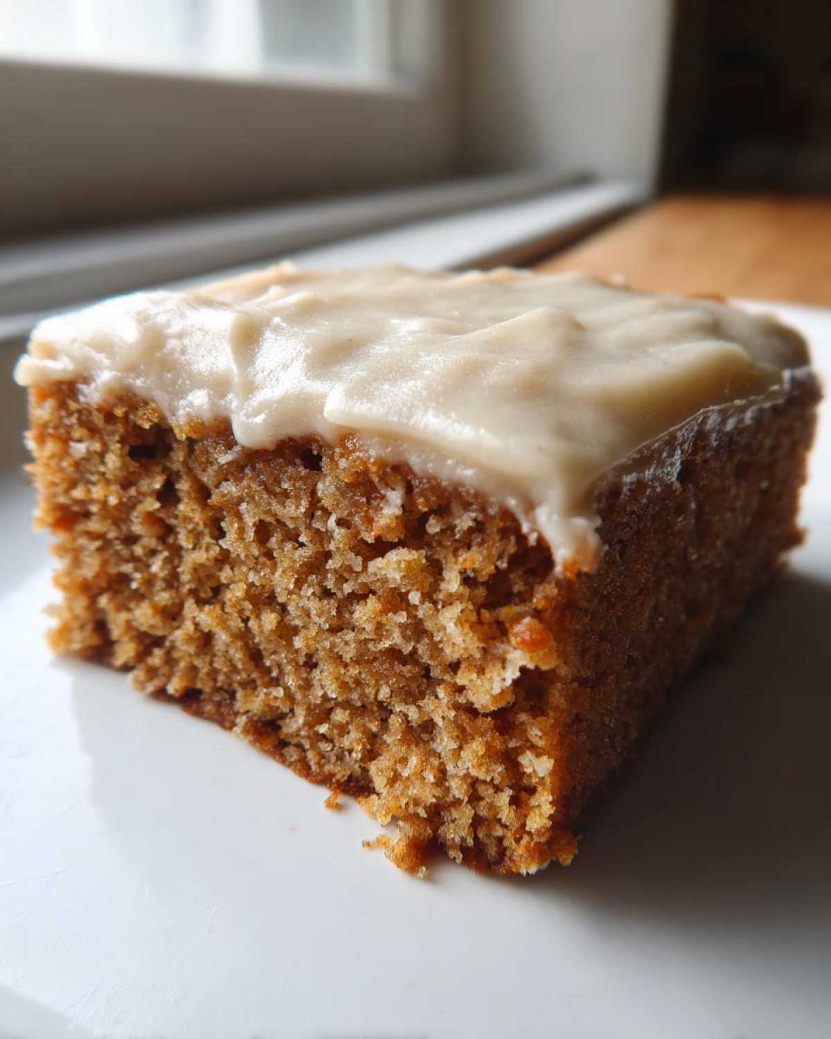 Close-up of a square slice of moist applesauce cake topped with thick, light-colored frosting.
