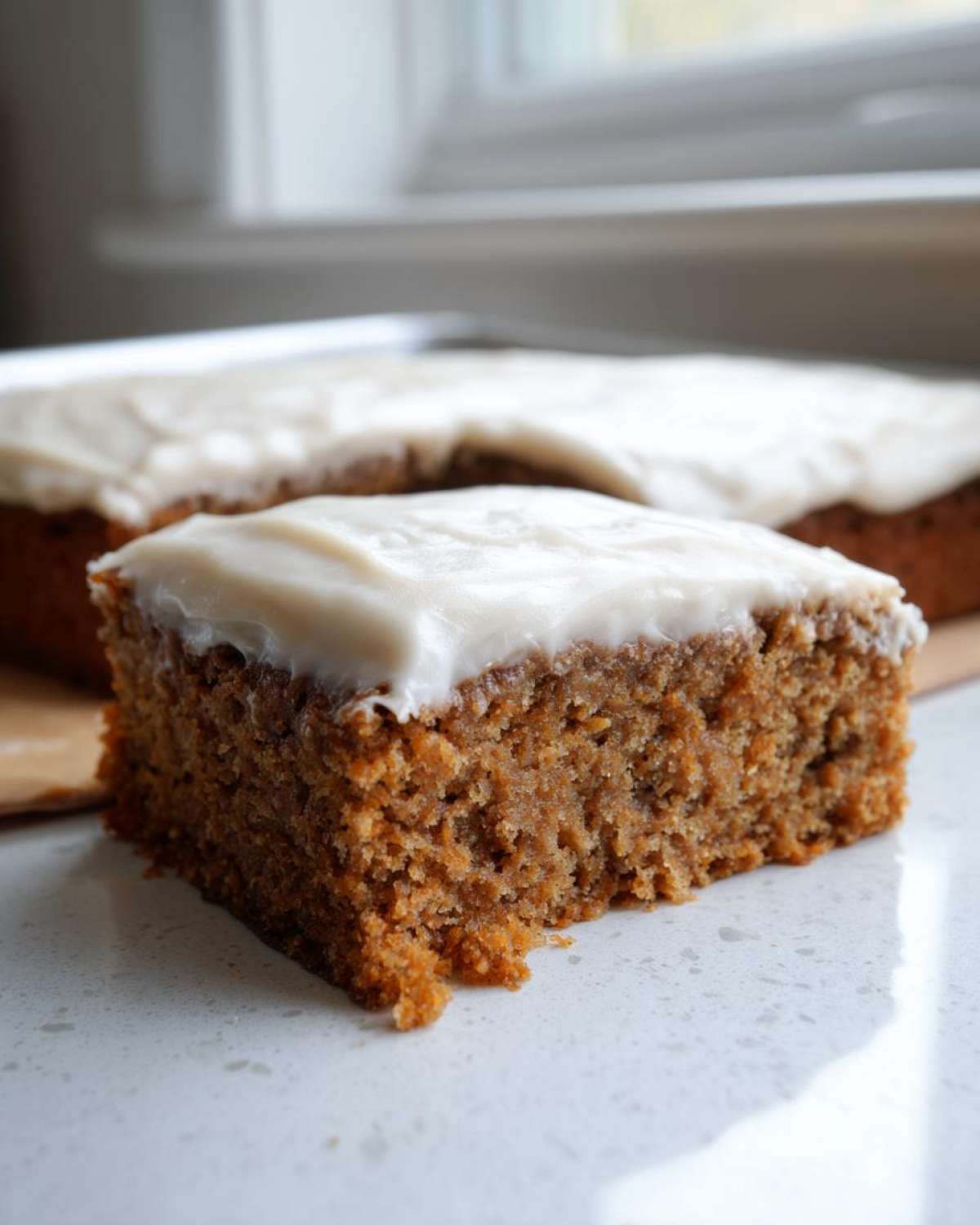 Close-up of a moist slice of applesauce cake topped with thick white frosting, with the rest of the cake in the background.