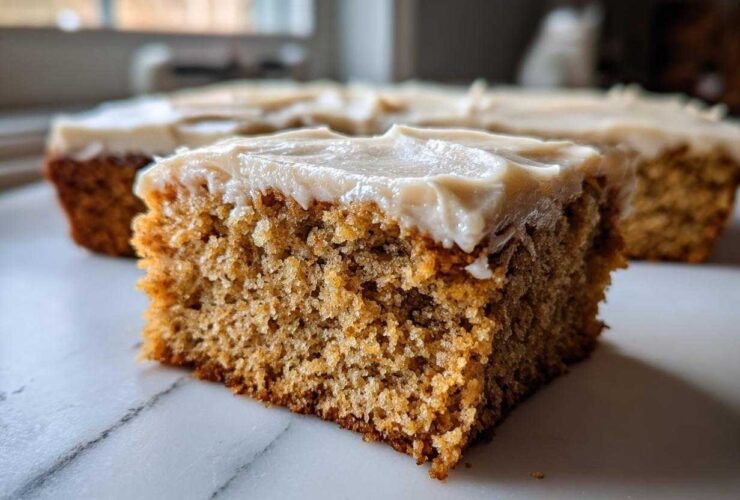 Close-up of a moist slice of applesauce cake topped with thick, light brown frosting.